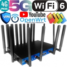 WiFi-роутер 4G+ LTE-A 5G ZBT Z8109ax-M2-T MultiSIM для модулей связи типа M2 (Модем х 4, SIM x 4, WiFi-6, AX3000, гигабитные LAN/WAN, антенны х 16, TTL, OpenWRT, VPN, MultiWAN, MPTCP, SIM bonding)