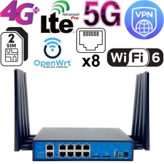 WiFi-роутер Huastlink HC-G80 Dual SIM LAN x 8 для модулей 5G / 4G LTE типа mini PCI-e / M2 (WiFi-6, AX3000, гигабитные LAN/WAN, Console, USB 3.0, TTL, OpenWrt, VPN)